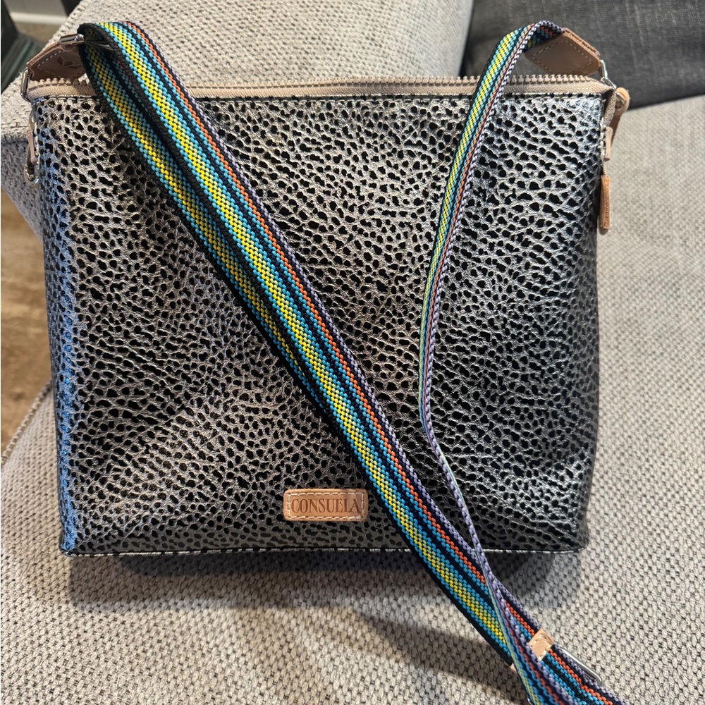 Consuela Textured Black Crossbody Bag with Multicolor Strap